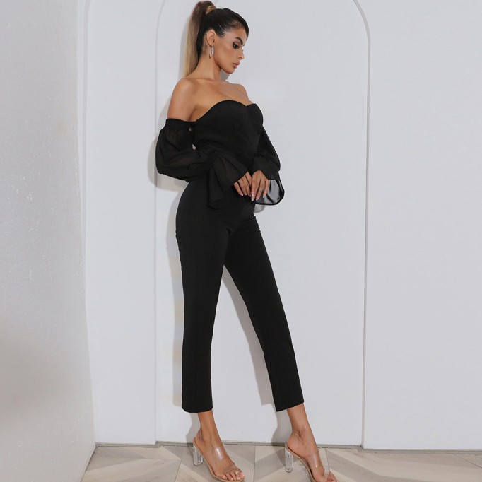 Off Shoulder Long Sleeve Mesh Bodycon Jumpsuit