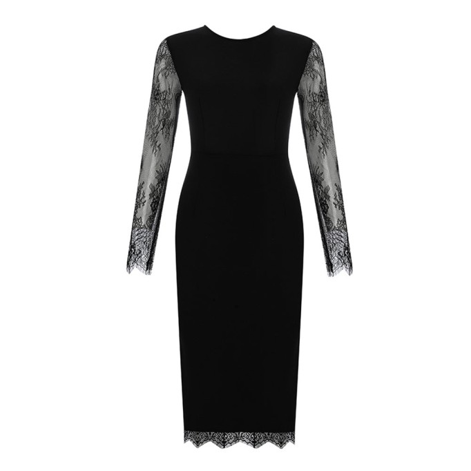 Round Neck Long Sleeve Lace Midi Bandage Dress