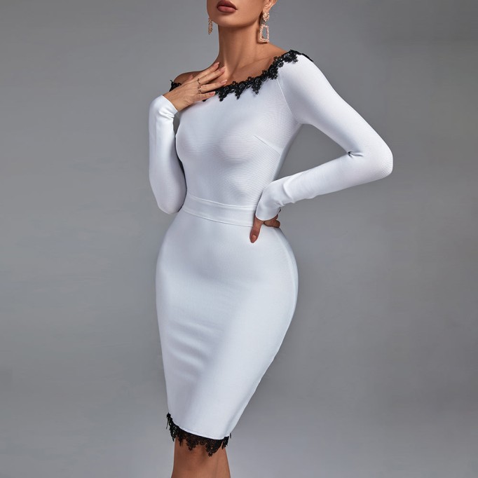 Off Shoulder Long Sleeve Lace Midi Bandage Dress