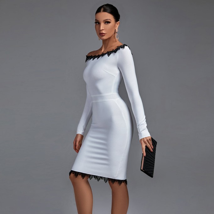 Off Shoulder Long Sleeve Lace Midi Bandage Dress