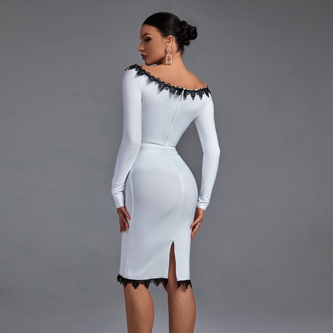 Off Shoulder Long Sleeve Lace Midi Bandage Dress