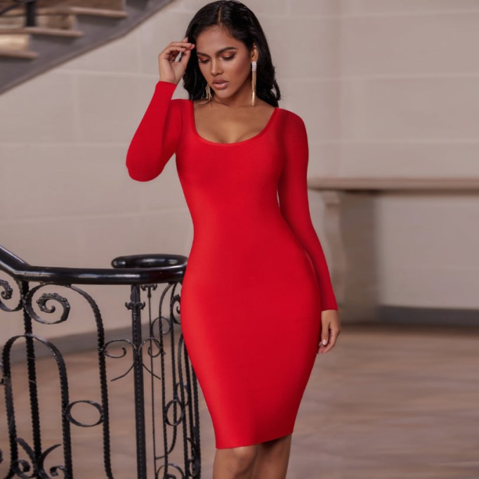 Square Collar Long Sleeve Plain Midi Bandage Dress PP21527