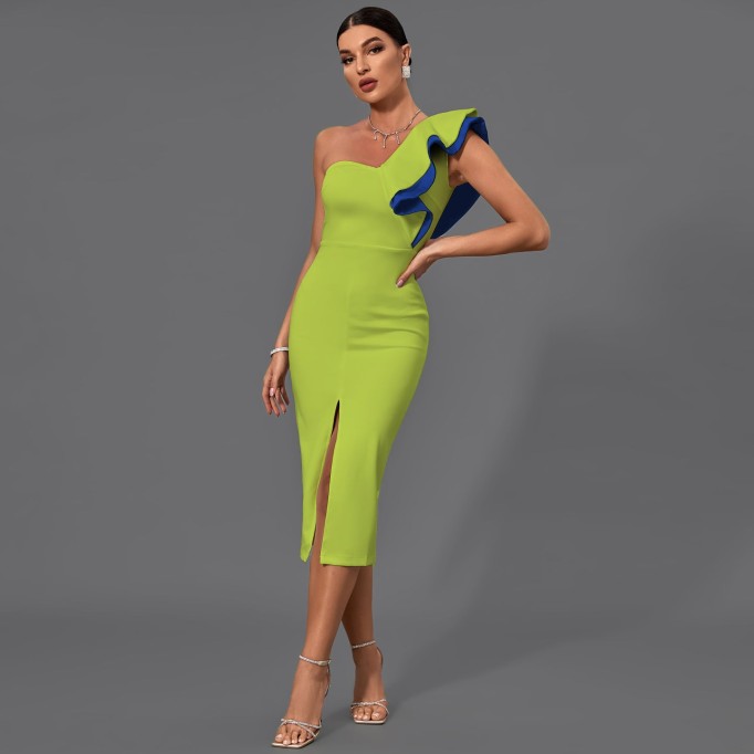 One Shoulder Sleeveless Frill Midi Bodycon Dress