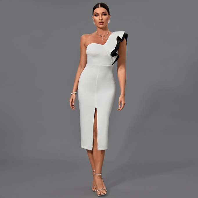 One Shoulder Sleeveless Frill Midi Bodycon Dress