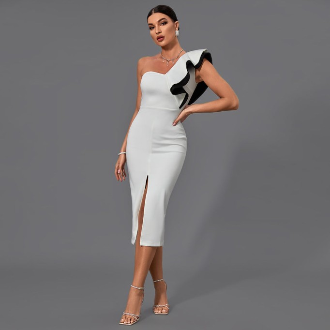 One Shoulder Sleeveless Frill Midi Bodycon Dress