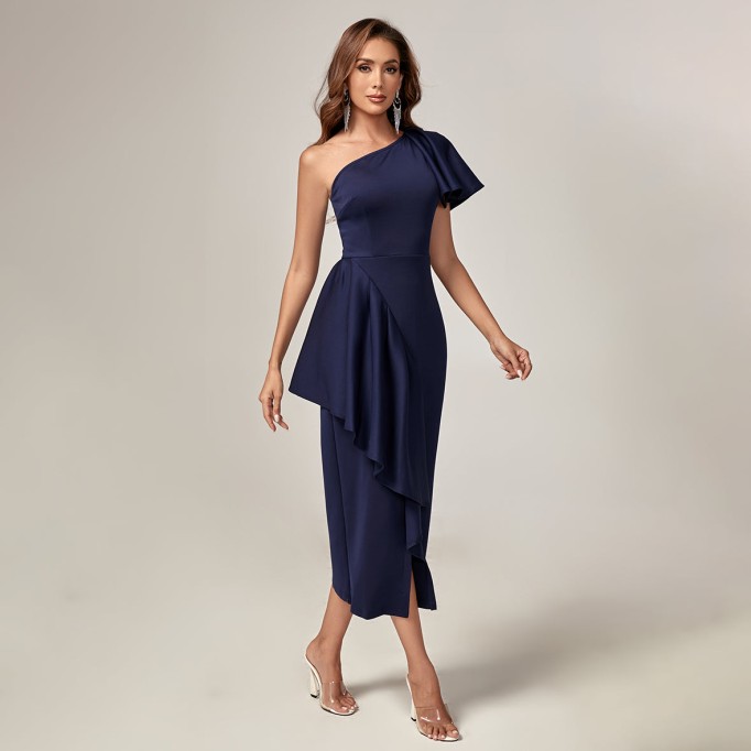 One Shoulder Asymmetric Frill Midi Dress