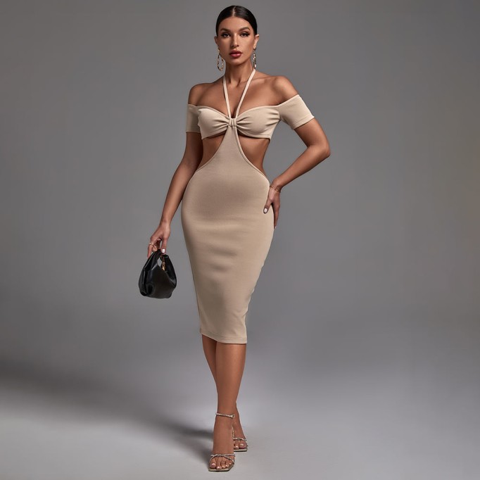 Halter Short Sleeve Cut Out Midi Bandage Dress