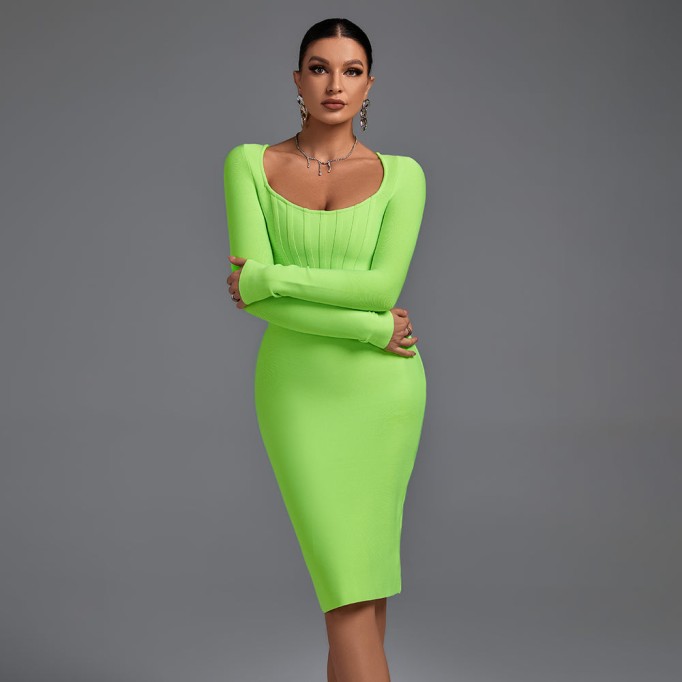 Square Collar Long Sleeve Striped Midi Bandage Dress