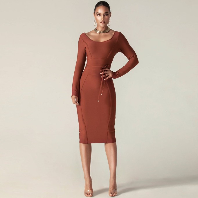 Round Neck Long Sleeve Tie Midi Bandage Dress PP21612