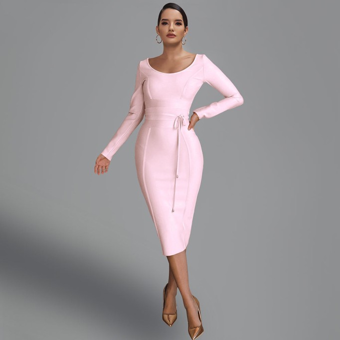 Round Neck Long Sleeve Tie Midi Bandage Dress PP21612