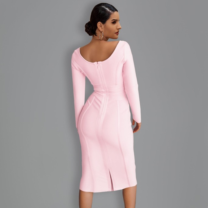 Round Neck Long Sleeve Tie Midi Bandage Dress PP21612