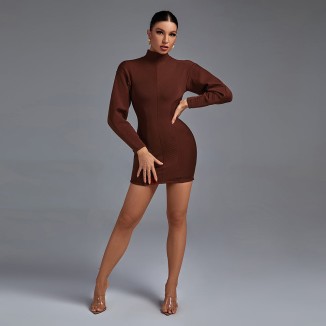 High Neck Long Sleeve Striped Mini Bandage Dress