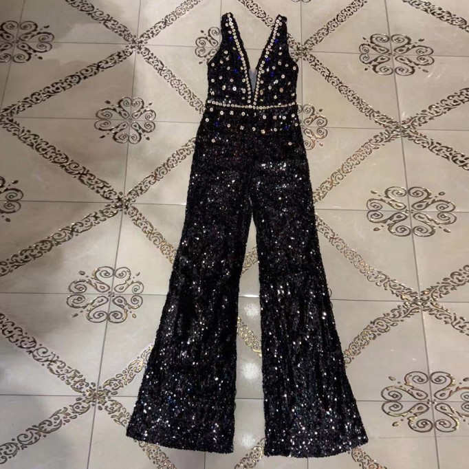 V Neck Sleeveless Sequined Bodycon Jumpsuit