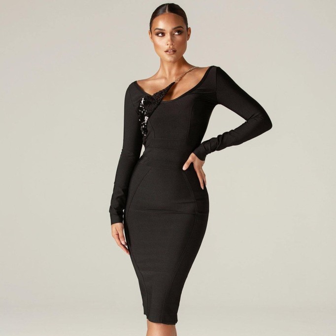 Long Sleeve Sequined Midi Bandage Dress PP21613