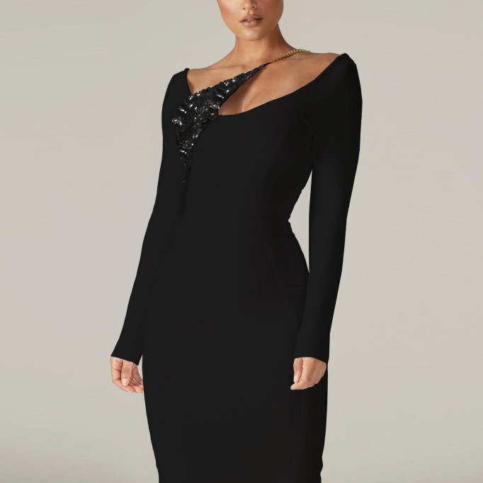 Long Sleeve Sequined Midi Bandage Dress PP21613