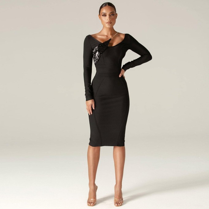 Long Sleeve Sequined Midi Bandage Dress PP21613