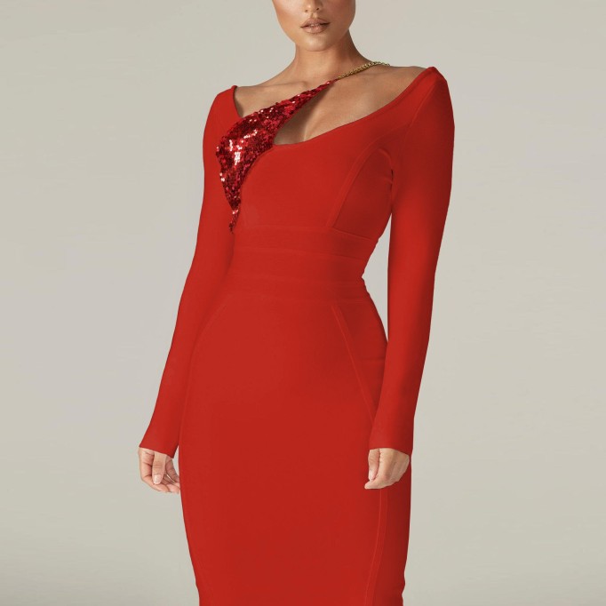 Long Sleeve Sequined Midi Bandage Dress PP21613