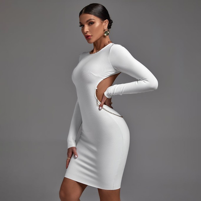 Round Neck Long Sleeve Backless Mini Bandage Dress