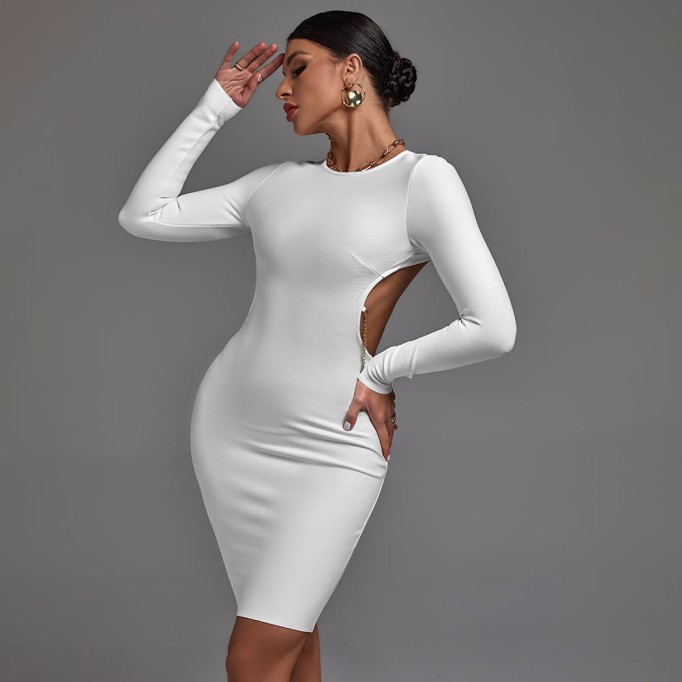 Round Neck Long Sleeve Backless Mini Bandage Dress