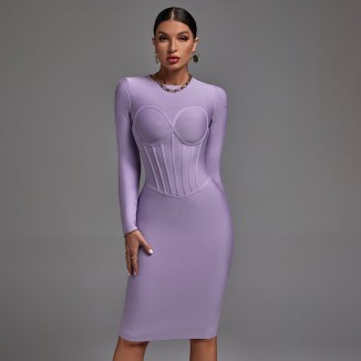 Round Neck Long Sleeve Striped Midi Bandage Dress