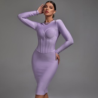 Round Neck Long Sleeve Striped Midi Bandage Dress