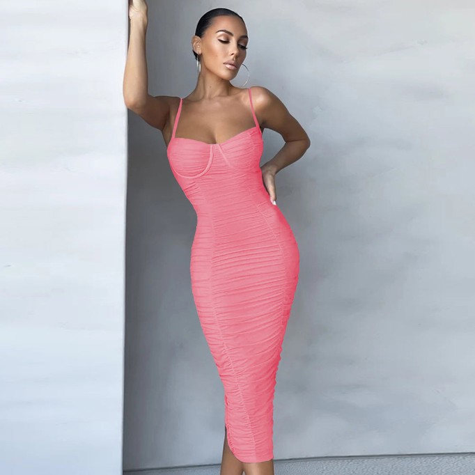 Strappy Sleeveless Wrinkled Midi Bandage Dress PP21828