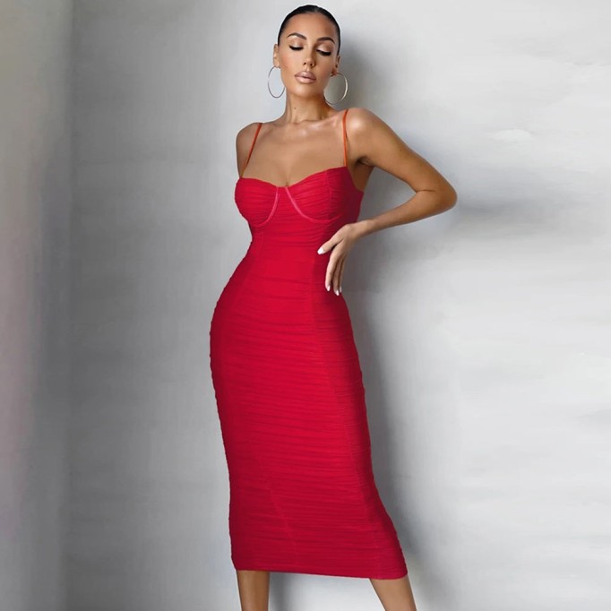 Strappy Sleeveless Wrinkled Midi Bandage Dress PP21828