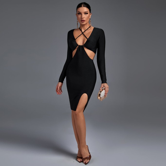 Halter Long Sleeve Hollow out Midi Bandage Dress