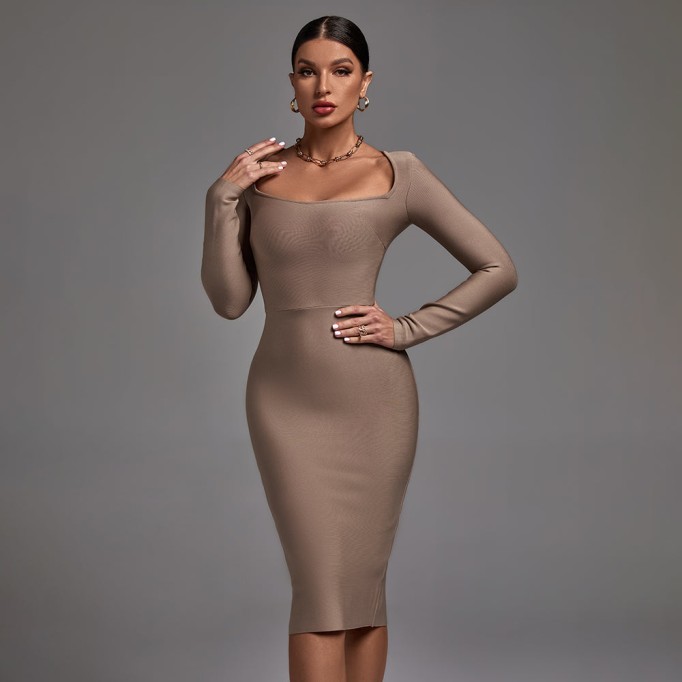 Square Collar Long Sleeve Plain Midi Bandage Dress