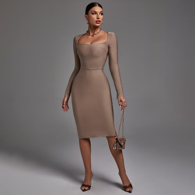 Square Collar Long Sleeve Plain Midi Bandage Dress