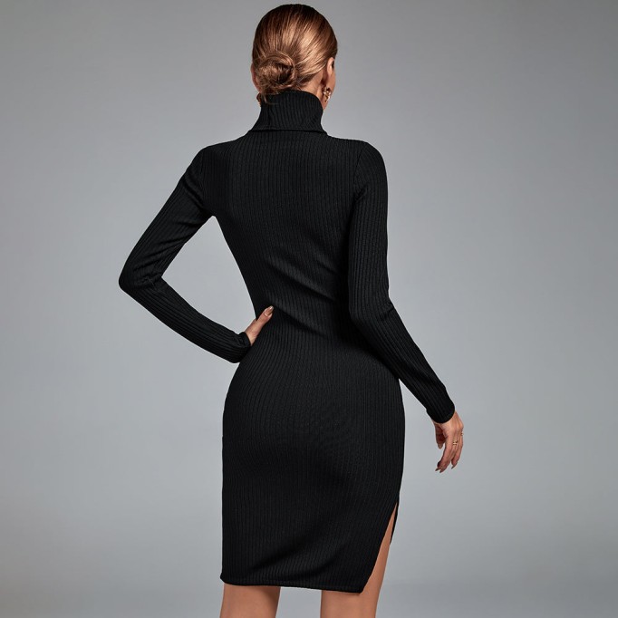 High Neck Long Sleeve Striped Bandage Dress