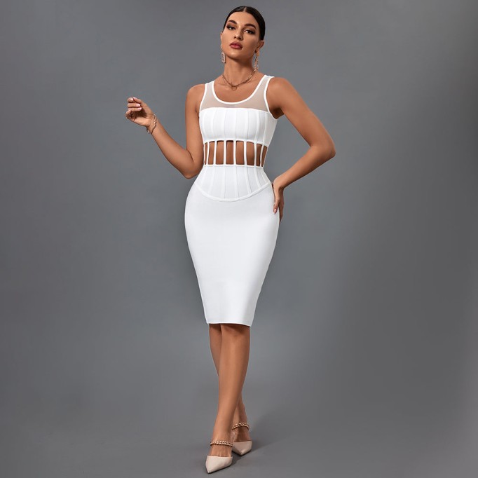 Square Collar Sleeveless Striped Midi Bandage Dress