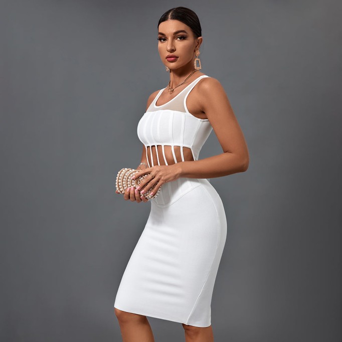 Square Collar Sleeveless Striped Midi Bandage Dress