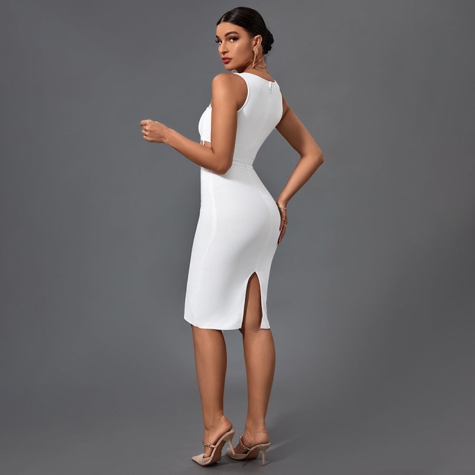 Square Collar Sleeveless Striped Midi Bandage Dress