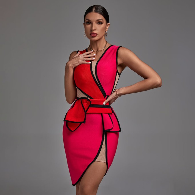 V Neck Sleeveless Mesh Midi Bandage Dress