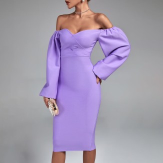 Off Shoulder Long Sleeve Midi Bandage Dress