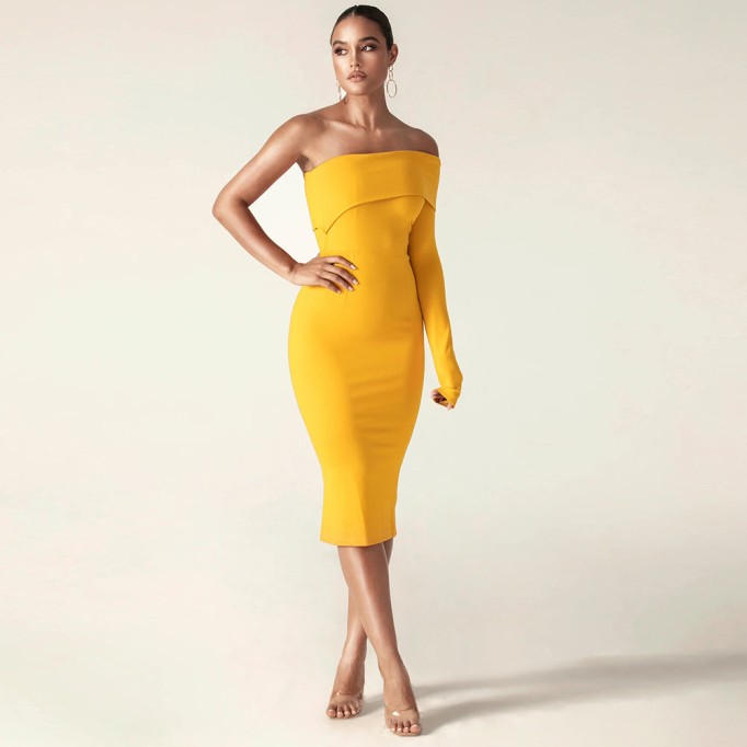 Off Shoulder One Sleeve Midi Bandage Dress PK21122801