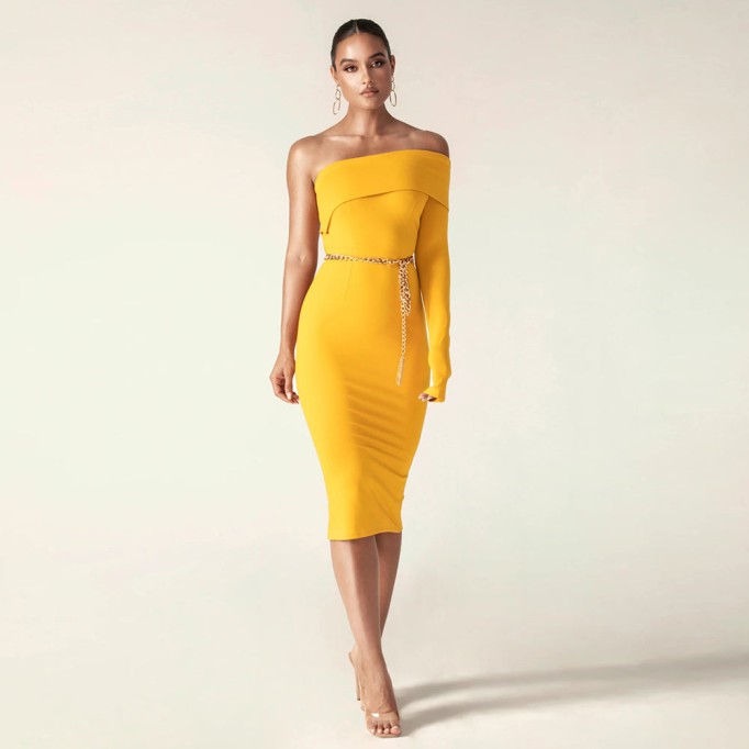 Off Shoulder One Sleeve Midi Bandage Dress PK21122801