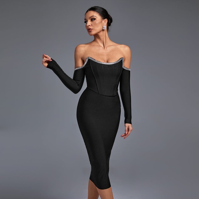 Off Shoulder Rhinestone Midi Bandage Dress