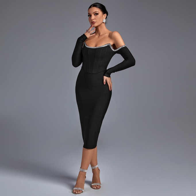 Off Shoulder Rhinestone Midi Bandage Dress