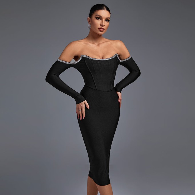 Off Shoulder Rhinestone Midi Bandage Dress