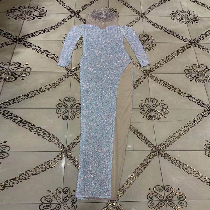 High Neck Long Sleeve Rhinestone Maxi Bodycon Dress HT2698