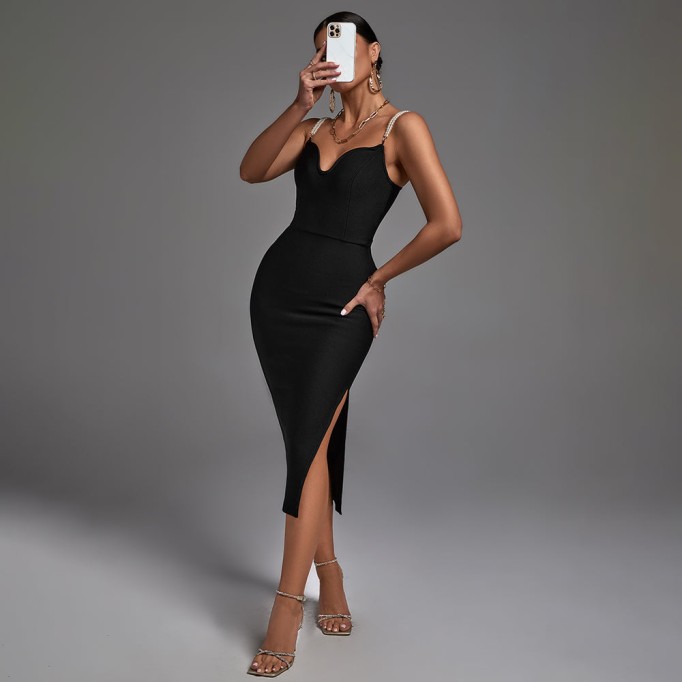 Strappy Bubble Beads Midi Bandage Dress