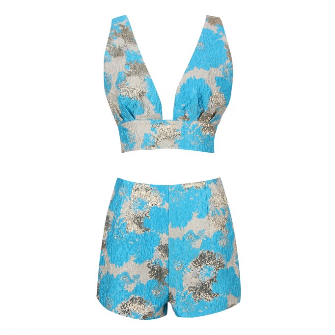 Jacquard Plunge Neckline Shorts Suit