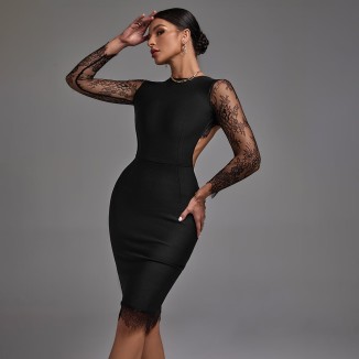 Round Neck Long Sleeve Lace Midi Bandage Dress