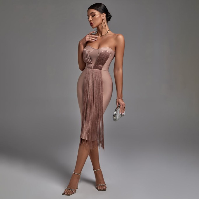 Strapless Sleeveless Tassels Midi Bandage Dress