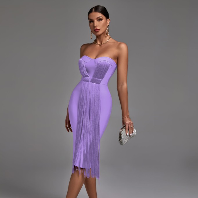 Strapless Sleeveless Tassels Midi Bandage Dress