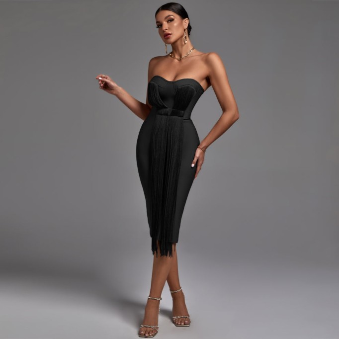 Strapless Sleeveless Tassels Midi Bandage Dress