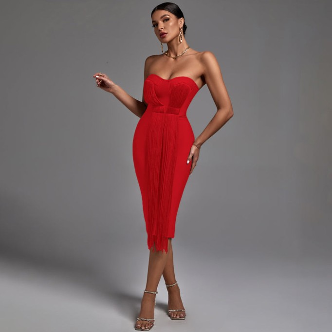 Strapless Sleeveless Tassels Midi Bandage Dress