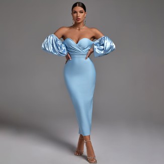 Off Shoulder Puff Sleeve Frill Midi Bandage Dress